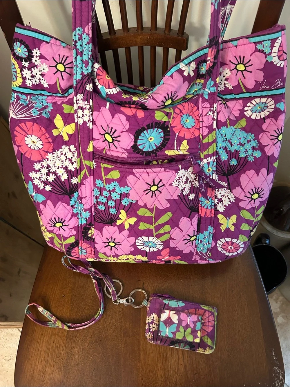 Vera Bradley Purple Floral Quilted Shoulder Tote with Pink & Teal Accents